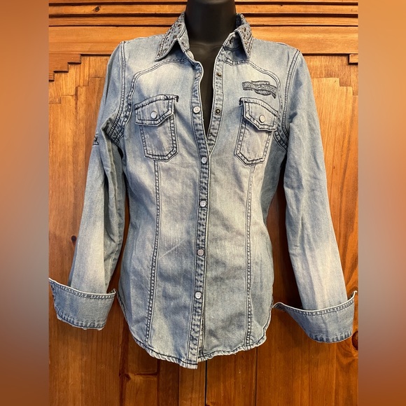 Women's Harley Davidson Distressed Studded Snapper Denim Shirt - Picture 2 of 8